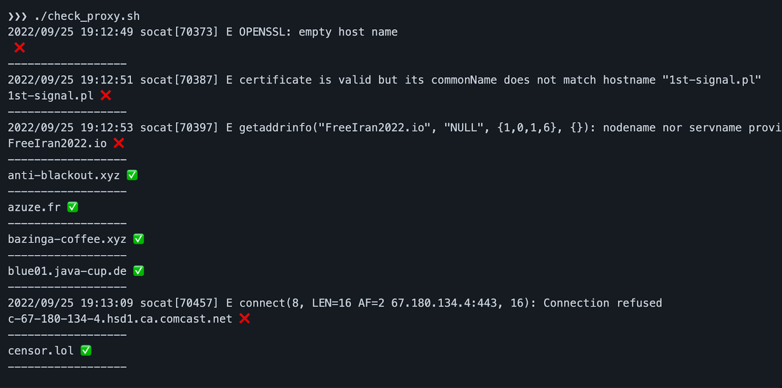 A command-line interface with text and green check marks or red crosses next to different proxy addresses