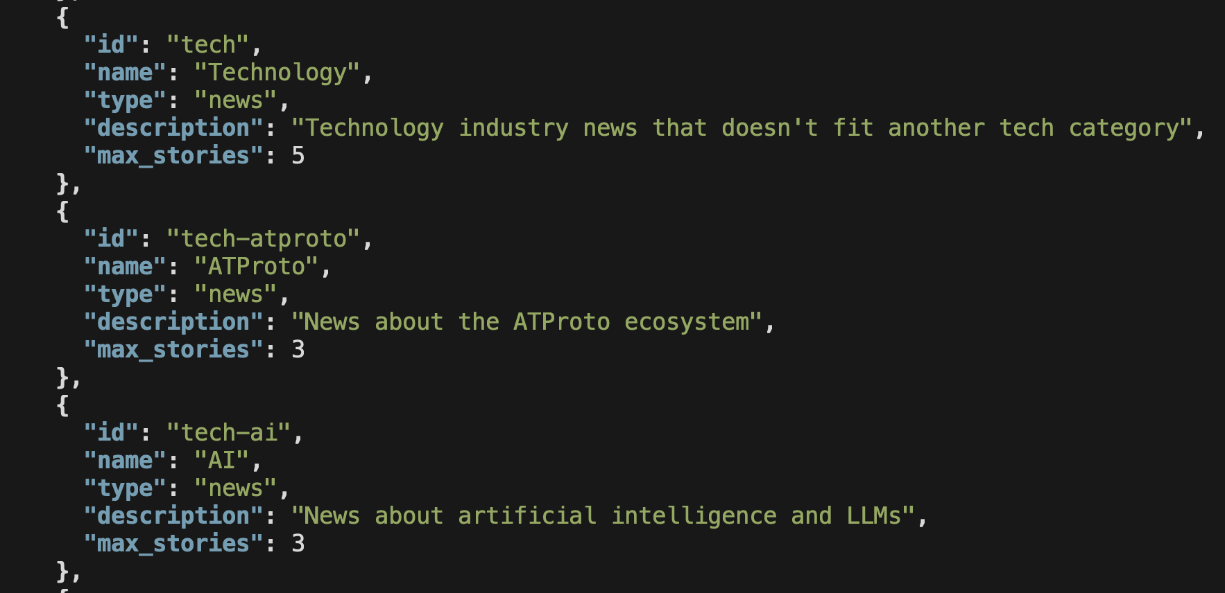Screenshot of JSON configuration defining news categories: 'Technology' (id: tech, max_stories: 5), 'ATProto' (id: tech-atproto, max_stories: 3), and 'AI' (id: tech-ai, max_stories: 3), each with type 'news' and descriptive text.